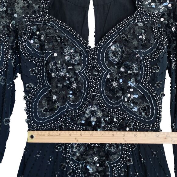 Vintage Demetrios Design Maxi Dress S Black Silk Beaded Burleskque Fairy Glam - Picture 8 of 12
